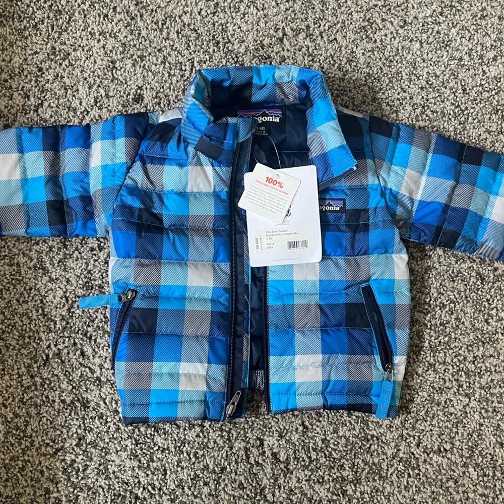 NWT Patagonia baby down sweater 3-6 months big blue plaid check